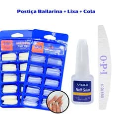 KIT 100 UNHAS POSTIÇAS Bailarina NATURAL REALISTA + COLA UNHA + LIXA BUMERANGUE UNHA 100 180