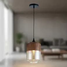 Lustre Pendente Wood em Vidro Âmbar e Aço cor Madeira 26cm