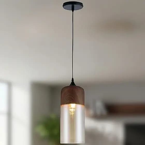 Lustre Pendente Wood Tube Vidro Âmbar e Aço cor Madeira 22cm