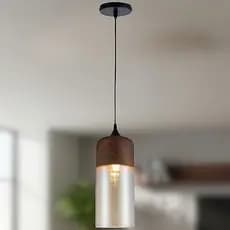 Lustre Pendente Wood Tube Vidro Âmbar e Aço cor Madeira 22cm