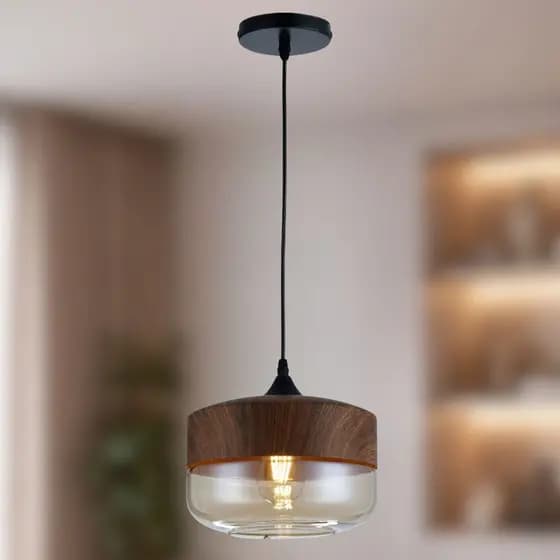 Lustre Pendente Wood Circle Vidro Âmbar e Aço cor Madeira 25cm