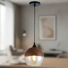 Lustre Pendente Wood Ball Vidro Âmbar e Aço cor Madeira 23cm