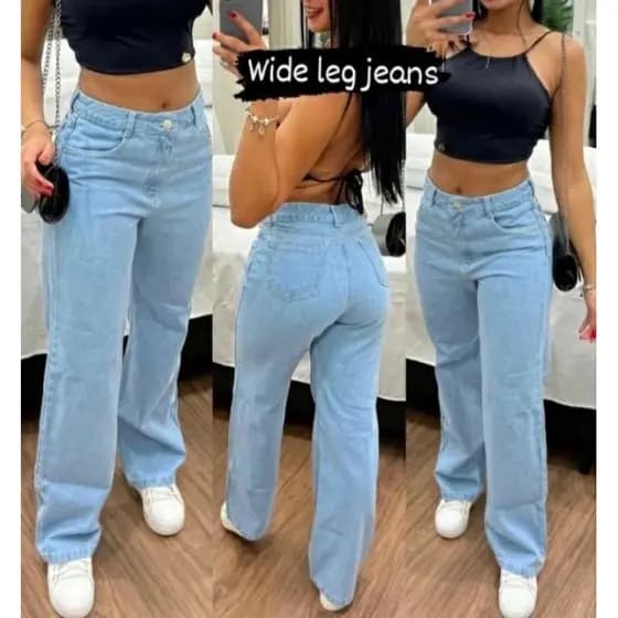 calça jeans feminina cintura alta  pantalona wide leg boca larga 100% algodão
