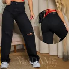 calça jeans pantalona wide leg cintura alta preto black com rasgo no joelho estilo street tendendias