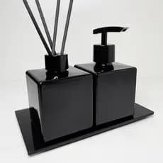 Kit Lavabo Preto Brilhante Difusor e Sabonete C/ Bandeja para Banheiro
