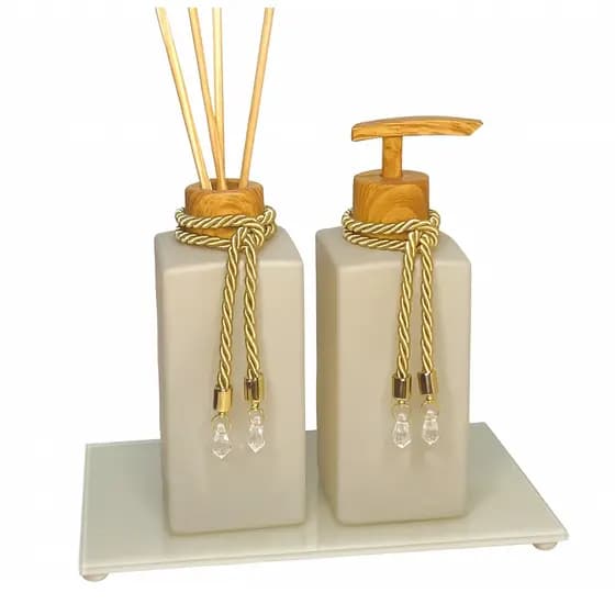 Kit Lavabo c/ 3 Peças Bege Difusor Aromatizador de Ambiente e Saboneteira Banheiro Com Bandeja