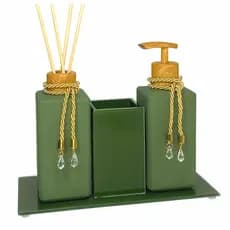 Kit Lavabo Verde Militar Sabonete Líquido C/ Porta Escovas Aromatizador Difusor Com Bandeja Luxo