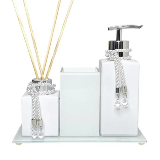Kit Lavabo Banheiro Branco Moderno Porta Escova Aromatizador Saboneteira C/ Bandeja Luxo