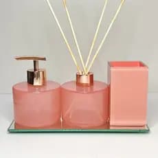 Kit Banheiro Porta Escova Rosa Aromatizador + Saboneteira Rose Gold Bandeja