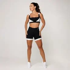 Conjunto Feminino Academia Top Preto com Recorte Branco Short Fitness Elevate