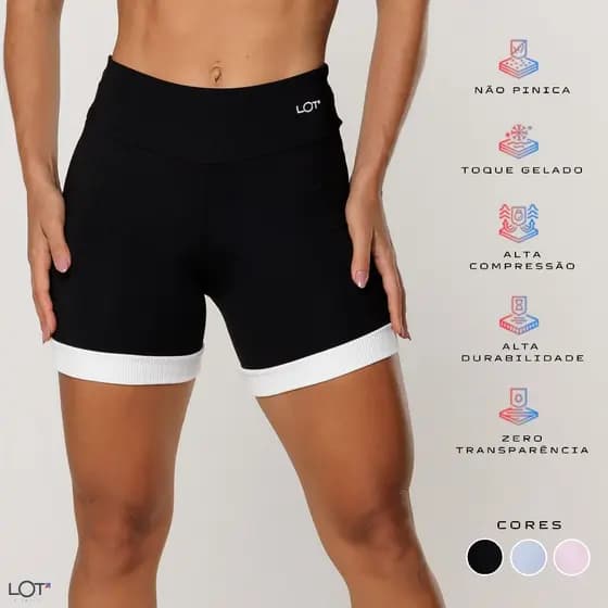Short Fitness Feminino Preto com Recorte Off White Poliamida Academia Elevate