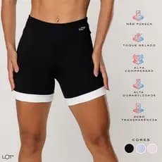 Short Fitness Feminino Preto com Recorte Off White Poliamida Academia Elevate