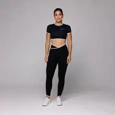 Conjunto Academia Kate Fitness Feminino Cropped com Manga e Calça Legging Cós Cruzado Coleção Duo