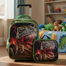 Kit Mochila Estojo Lancheira Raptor Rodinhas Silicone Reforçada Escolar Infantil Verde Azul