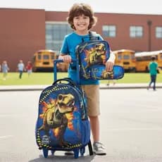 Kit Mochila Rodinhas Estojo Lancheira Térmica Jurassic Azul Infantil Seanite