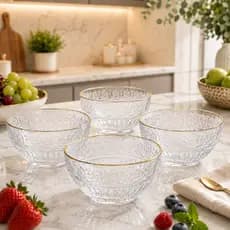 Kit 4 Bowls de Cristal Decorado Fio De Ouro 400ml Jogo Tigela Sobremesa Frutas Mesa Posta