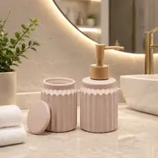 Conjunto Para Banheiro 2 Peças Kit Dispenser Porta Escova Cerâmica Nude Lyor