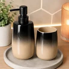Conjunto Porta Sabonete Para Banheiro 2 Peças Kit Dispenser Porta Escova Cerâmica Bege Preto