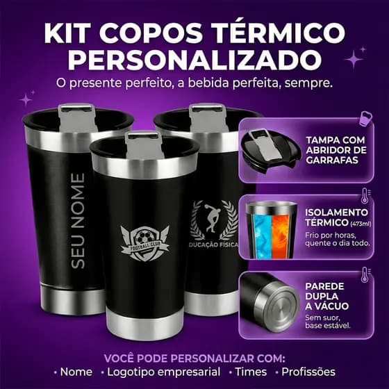 Kit 10 Copos Termico personalizado Nome,Time, Logo Com Tampa