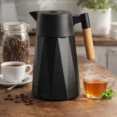 Garrafa Café Térmica 1 Litro Luxo Café Chá Tampa Click Alça de madeira Preta