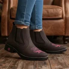 Botina Country Feminina Bota Bordado Rosa Confortável Estilosa