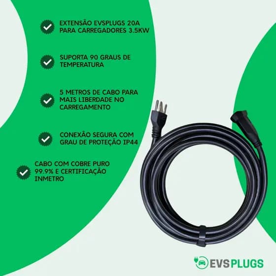 Extensão Carregador Veicular 5m 20a 4mm Byd Gwm Dolphin Mini Taysla Feyree 3.5kw Profissional