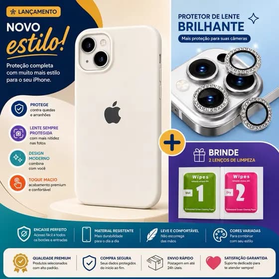 Kit Proteção Premium para iPhone – Capinha Aveludada + Protetor de Lente da Câmera