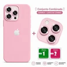 Capinha Silicone Aveludada + Película de Lente Diamante + Kit Limpeza Tela e Câmera para iPhone 11 ao 16 Pro Max