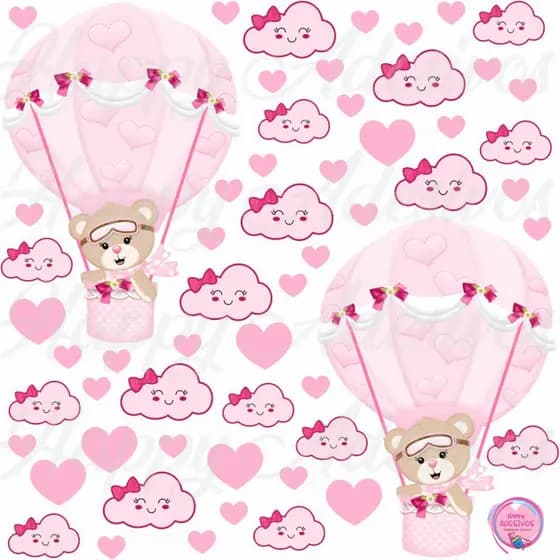 Kit 76 Adesivo Para Decoração Infantil Quarto Do bebe Ursinha Menina Baloeira Nuvens Rosa lacinho