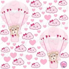 Kit 76 Adesivo Para Decoração Infantil Quarto Do bebe Ursinha Menina Baloeira Nuvens Rosa lacinho