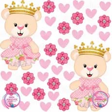 Kit 56 Adesivos Para Decoração Quarto Ursa Princesa Ursa Rosa Coração e Rosas Maternidade Bebe Menina