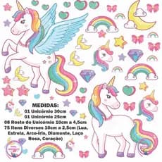 Kit 85 adesivos Unicórnio, coração, estrela, Arcoiris, Lua, Papel de Parede Unicornios