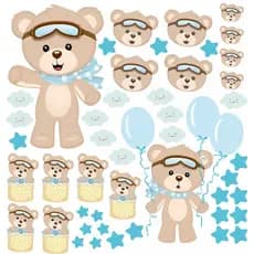 Adesivo Decorativo Infantil Ursinho Príncipe Ursinho Baloeiro Balão Nuvens Estrelas Urso Aviador Papel Parede Faixa Autocolante