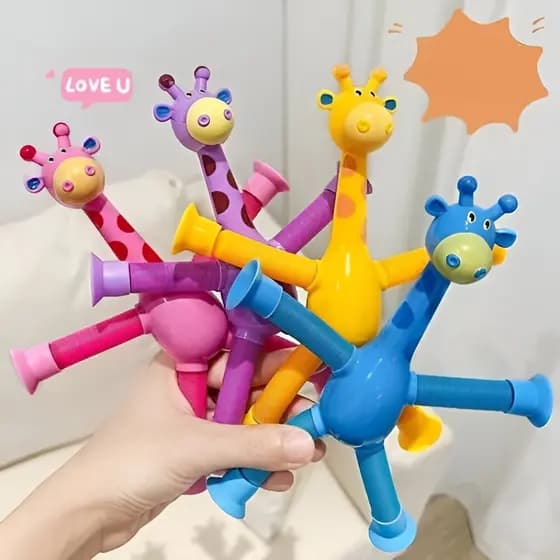 Kit Pop Tube Girafas com Ventosa e Luz LED Brinquedo Infantil Estica
