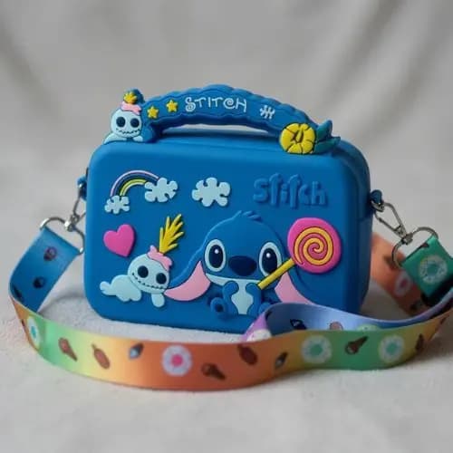 Bolsa Stitch Silicone Azul Rosa Pequena Porta Celular Tiracolo Ajustável Feminina Infantil