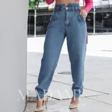 calça jeans mom feminina cintura alta 100% algodão linha luxo marmorizada