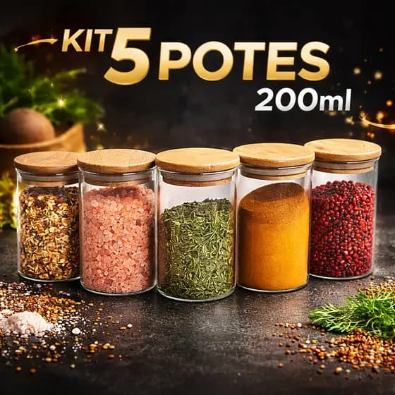 JOGO DE 5 POTES HERMÉTICOS DE VIDRO TAMPA DE BAMBU - 200 ML
