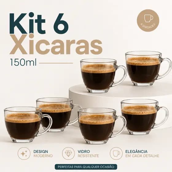 Jogo Xícaras Em Vidro 150ml Kit Canecas 6 Peças Para Chá Café