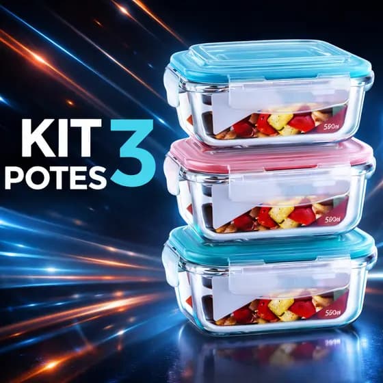Conjunto 3 Pote Vidro Hermético Marmita Tampa Plástico 370ml