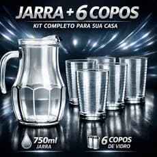 Kit Jogo 6 Copos Com Jarra Vidro Água Refrigerante