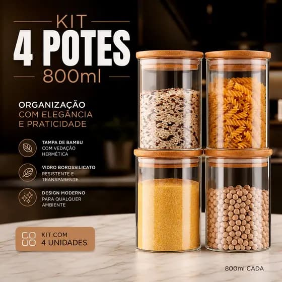 Kit 4 Potes 800ml de Vidro P/ Mantimentos C/ Tampa Bambu