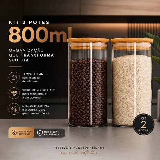 Kit 2 Potes 800ml de Vidro P/ Mantimentos C/ Tampa Bambu