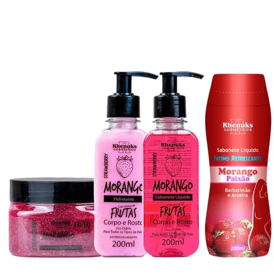 Kit Banho Morango Completo Sabonete Esfoliante Hidratante + Sabonete Intimo