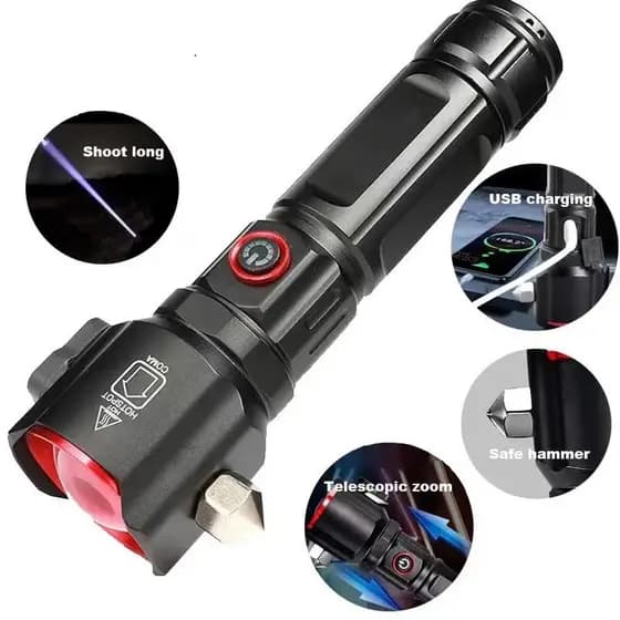 Multi-funcional alta potência lanterna LED com segurança martelo zoom liga de ALUMINIO branco tocha laser impermeável
