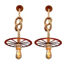 2 Luminárias Pendente de Teto Roda de Carroça Corda Rústica Retrô Estilo Fazenda Vintage