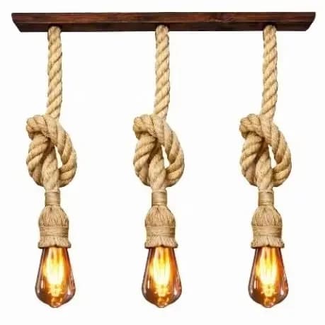 Luminária Pendente de Teto Madeira com 3 Cordas Sisal 60cm Rústica Vintage