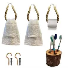 Kit Banheiro Rústico Madeira Corda Porta Papel Toalha e Porta Escova de Dente Decorativo
