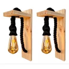 2 Arandela de Parede Rústica Madeira Natural Corda Preta Industrial Vintage Luminária Exclusiva