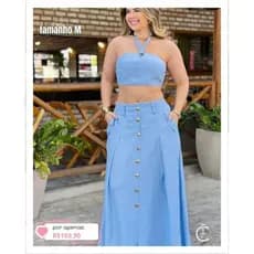 Conjunto azul saia e cropped verão
