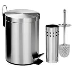 Lixeira Banheiro Inox Pedal Cozinha + Escova Sanitária Inox Com Suporte